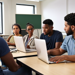 **

A diverse group of people participating in a job training program, learning web development skills in a modern classroom setting, with a focus on individual growth and empowerment.

**
