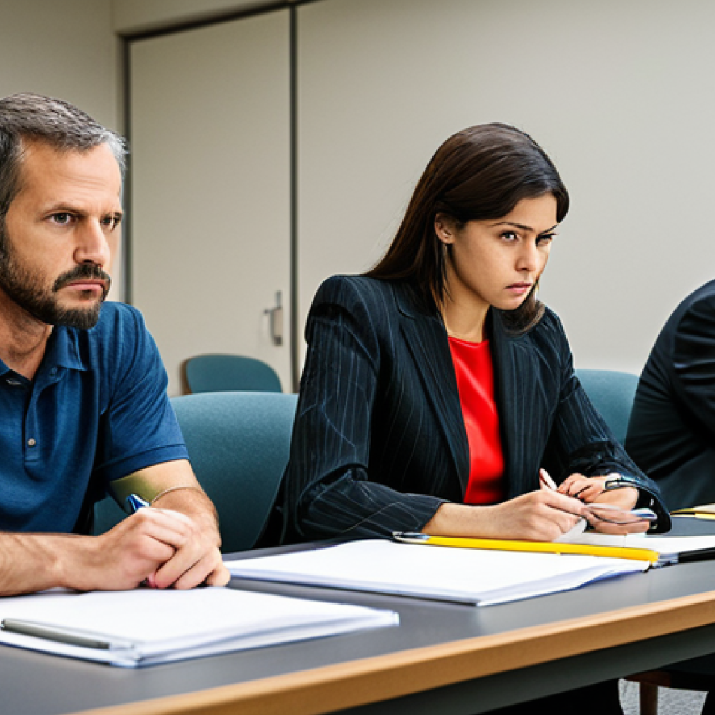 Jury Deliberation**
"A diverse group of jurors in a deliberation room, seated around a table, reviewing evidence. Focus on serious expressions, pens and paper visible. Fully clothed, appropriate attire, safe for work, professional, correct proportions, well-formed hands, natural poses, bright lighting, clean environment. Professional photography, high quality."
**