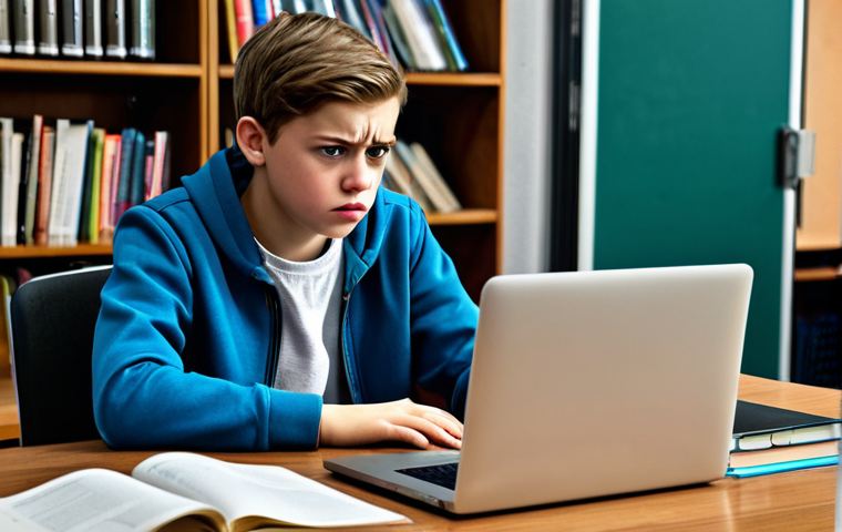 Cyberbullying Awareness**

"A fully clothed teenager sitting at a desk, looking distressed at a laptop screen displaying hurtful comments, concerned expression, school library background, safe for work, appropriate content, perfect anatomy, natural proportions, professional illustration, modest clothing, family-friendly."

**