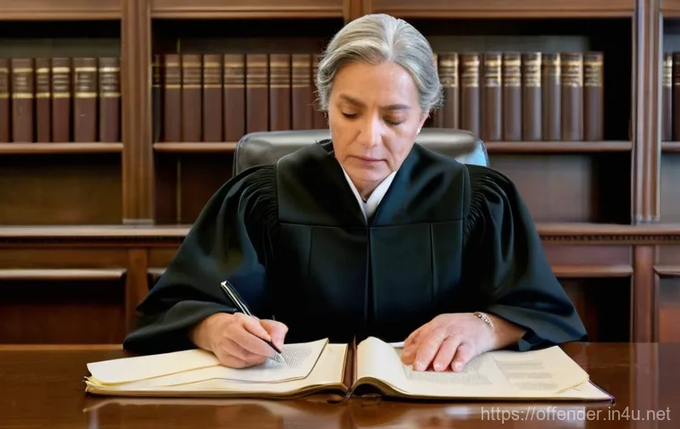 범죄 유형별 형량 가이드 - **Prompt:** A dignified female judge, in her late 40s to early 50s, wearing traditional dark judicia...