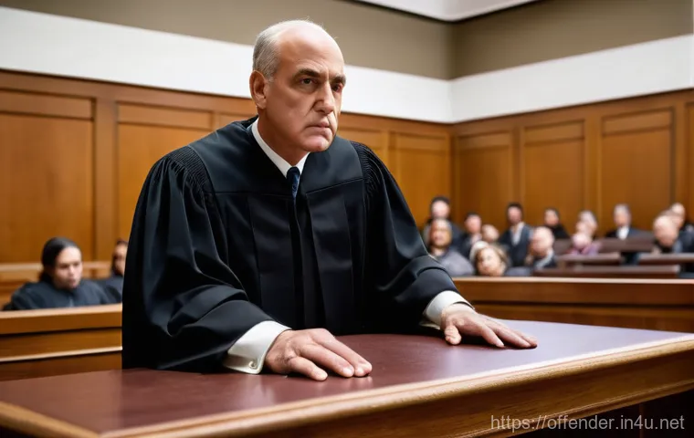 형사처벌과 민사배상의 차이 - A solemn and authoritative scene inside a modern courtroom. A judge, dressed in a traditional black ...