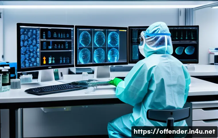 범죄 가해자의 유전자 연구 - A high-tech forensic laboratory scene showing a scientist in protective clothing and gloves carefull...