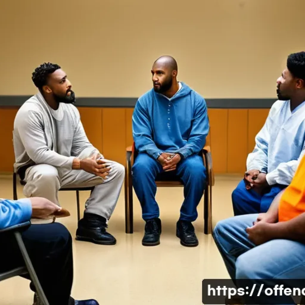 교정시설 내 범죄 재발 방지 프로그램 - A professional therapy session in a correctional facility setting, showing a diverse group of adult ...