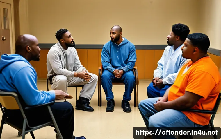 교정시설 내 범죄 재발 방지 프로그램 - A professional therapy session in a correctional facility setting, showing a diverse group of adult ...